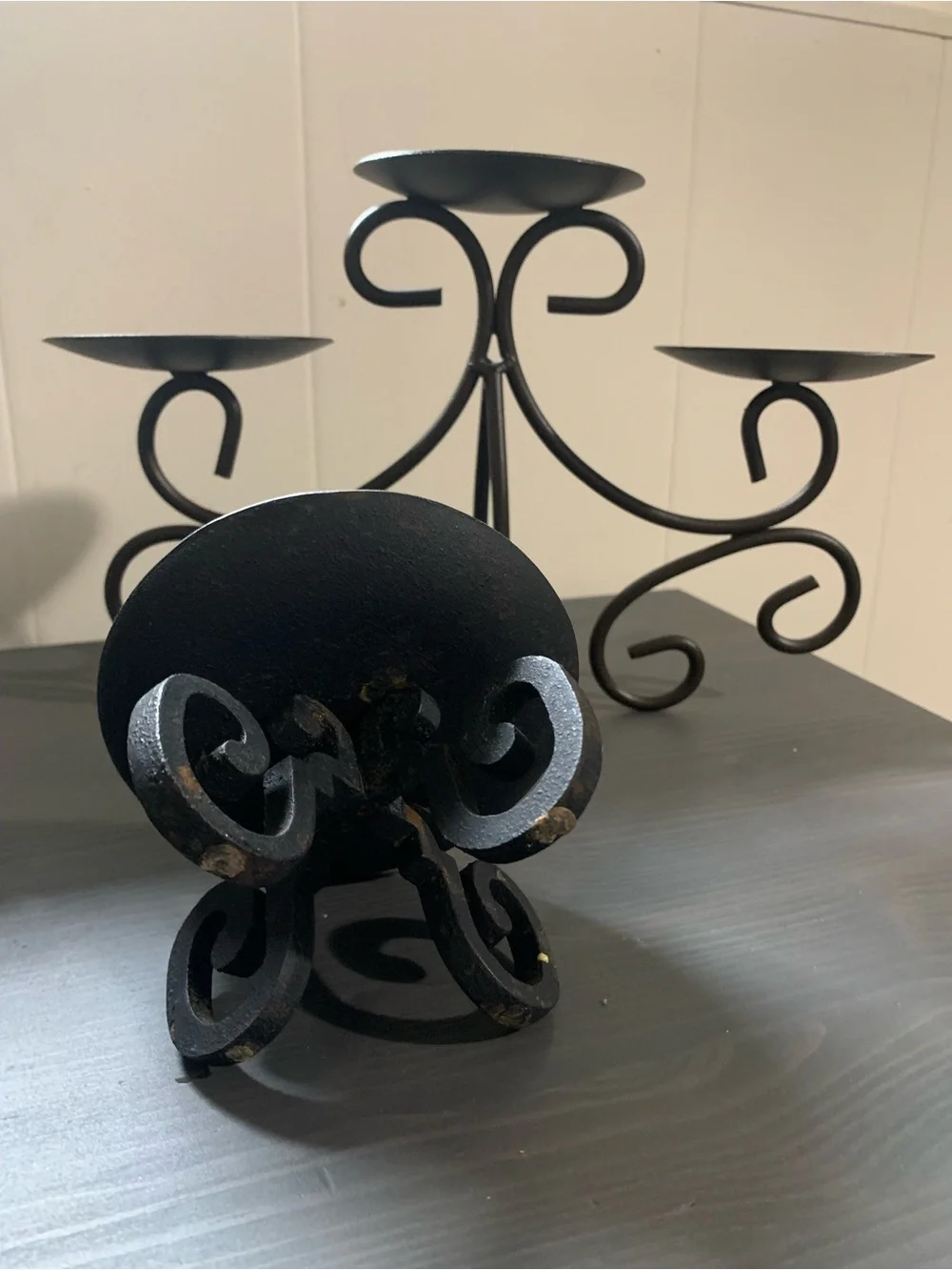 Source Unknown Black Scrollwork 3-Arm Metal Candle Stand